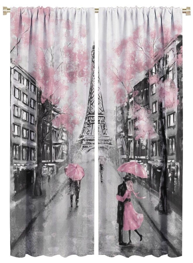 LOMADIA Eiffel Tower Curtain, Oil Painting Style Pink Paris Tower Couple Pattern Window Treatments 2 Panels Drapes for Bedroom Living Room Kitchen Decor 42x45in - Image 1